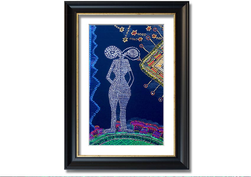 Framed Aboriginal Twin Flame print showcasing vibrant colors and intricate designs, ready to hang.