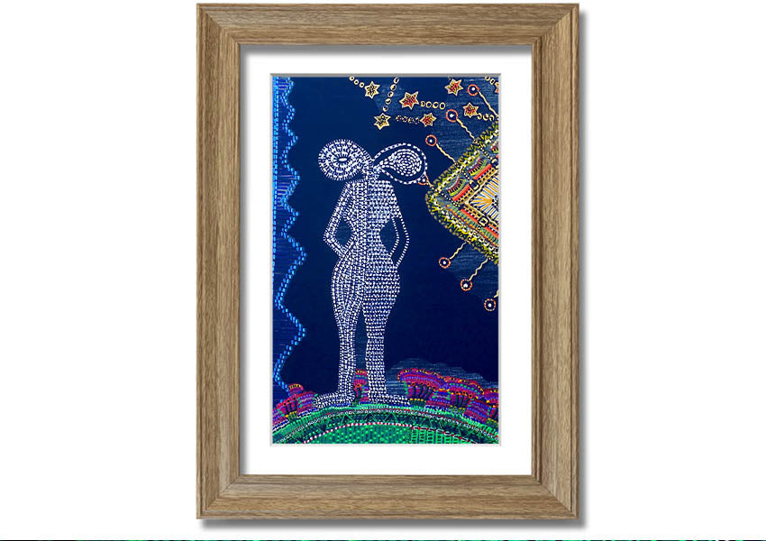 Framed Aboriginal Twin Flame print showcasing vibrant colors and intricate designs, ready to hang.