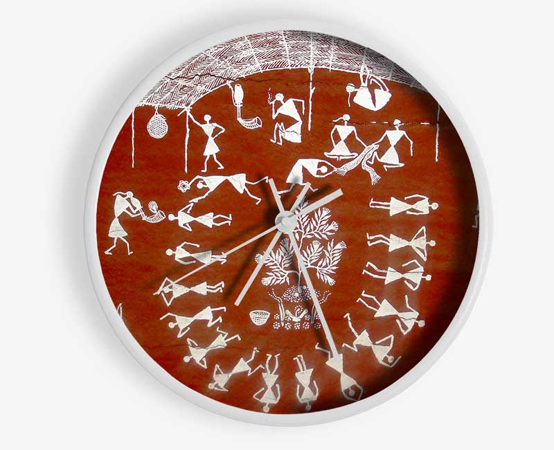 Aboriginal Warli Mahabharata clock made from natural bamboo with intricate designs, available in black, white, and natural frame colors.