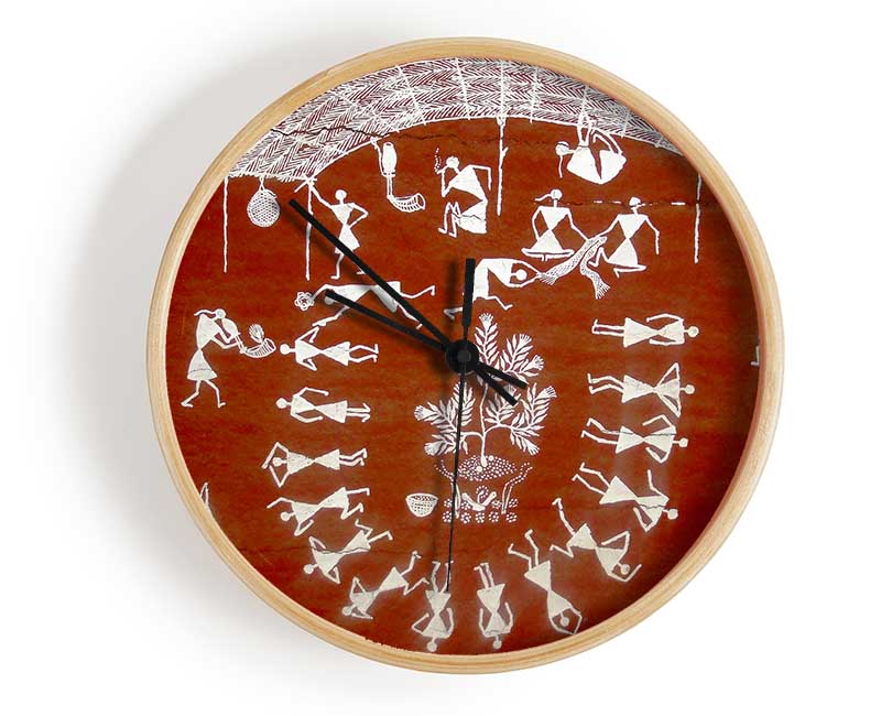 Aboriginal Warli Mahabharata clock made from natural bamboo with intricate designs, available in black, white, and natural frame colors.