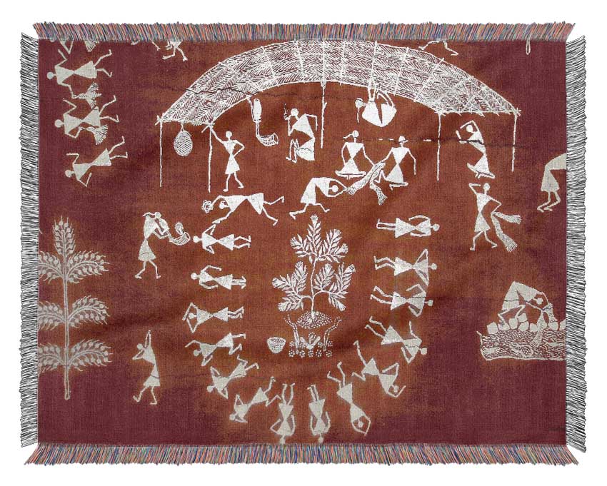 Aboriginal Warli Mahabharata throw blanket made from 100% cotton with intricate patterns, perfect for bed or couch.