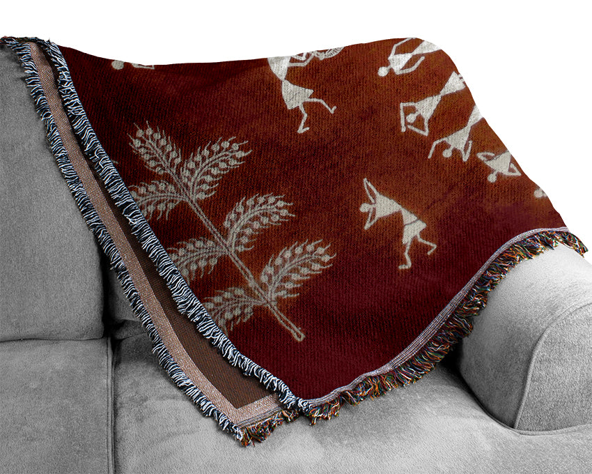 Aboriginal Warli Mahabharata throw blanket made from 100% cotton with intricate patterns, perfect for bed or couch.