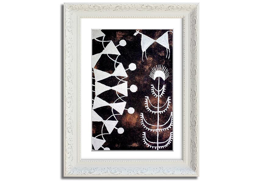 Framed print of Aboriginal Warli Tarpa Dance, showcasing intricate designs and vibrant colors, ready to hang.