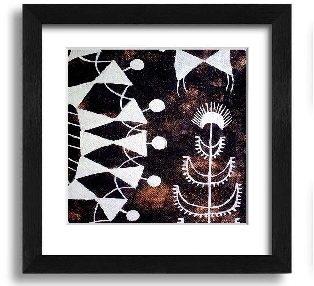 Square framed print of Aboriginal Warli Tarpa Dance, showcasing intricate designs and vibrant colors, ready to hang.