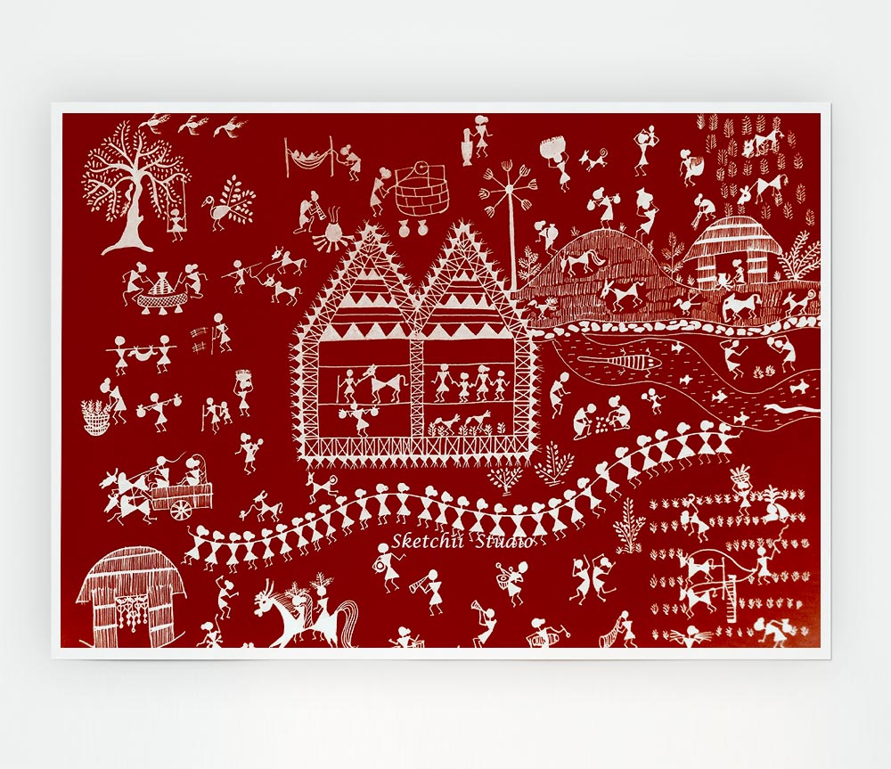 Aboriginal Warli Tribal Village Celebrations poster on high-quality canvas, showcasing vibrant tribal designs.