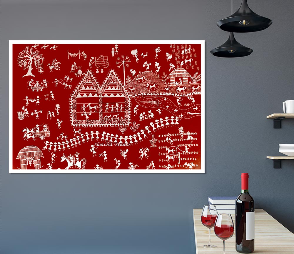 Aboriginal Warli Tribal Village Celebrations poster on high-quality canvas, showcasing vibrant tribal designs.