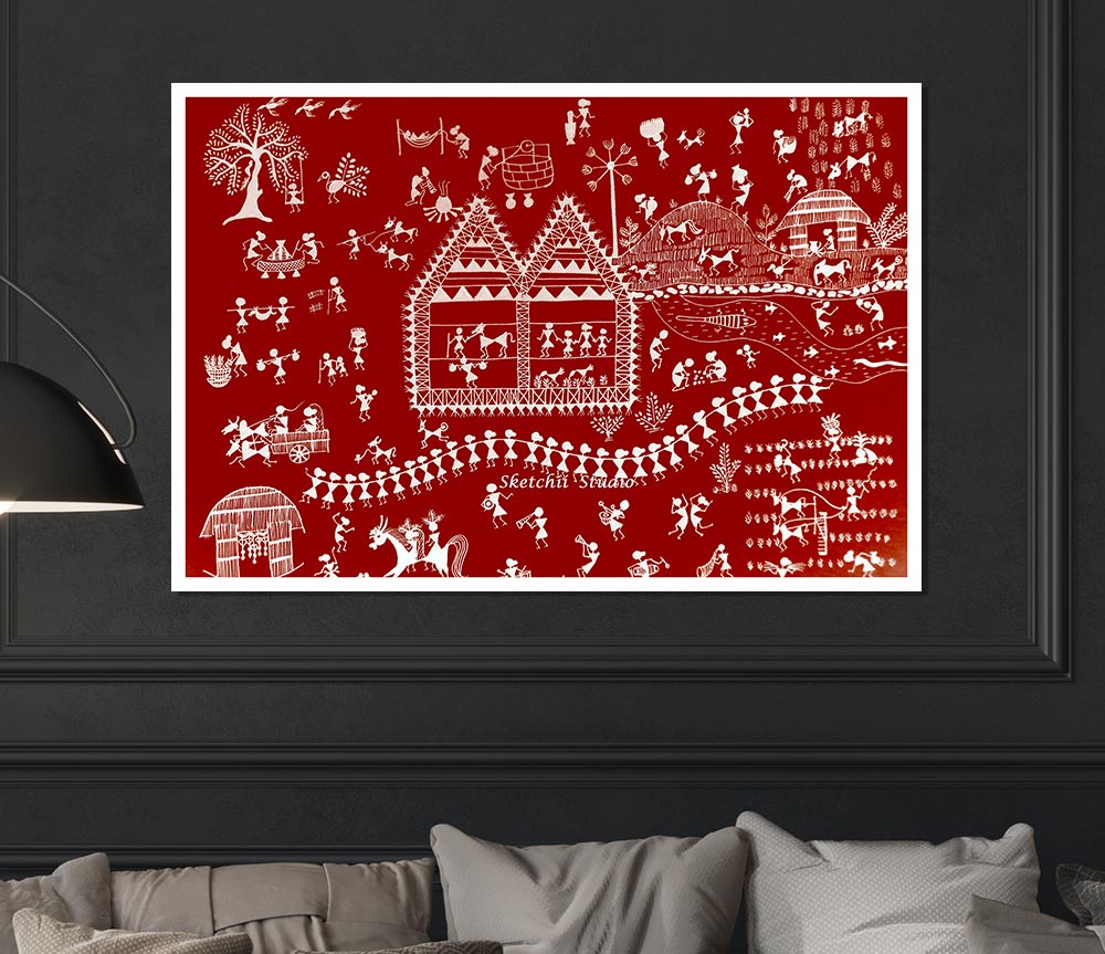 Aboriginal Warli Tribal Village Celebrations poster on high-quality canvas, showcasing vibrant tribal designs.