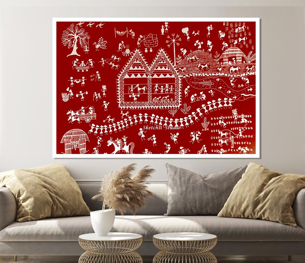 Aboriginal Warli Tribal Village Celebrations poster on high-quality canvas, showcasing vibrant tribal designs.