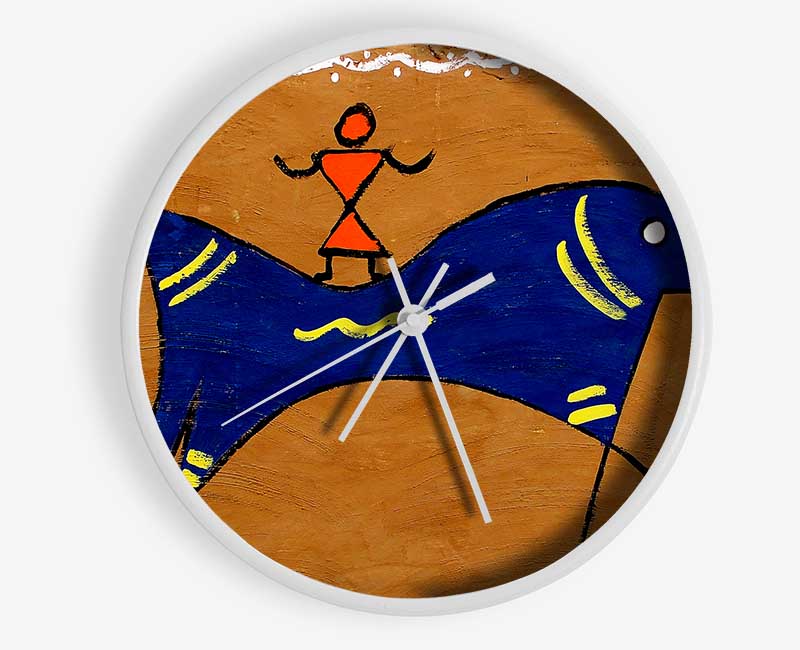 A stylish round clock made from natural bamboo, featuring a unique Aborigional Animal Of Peace design, available in black, white, and natural frame colors.