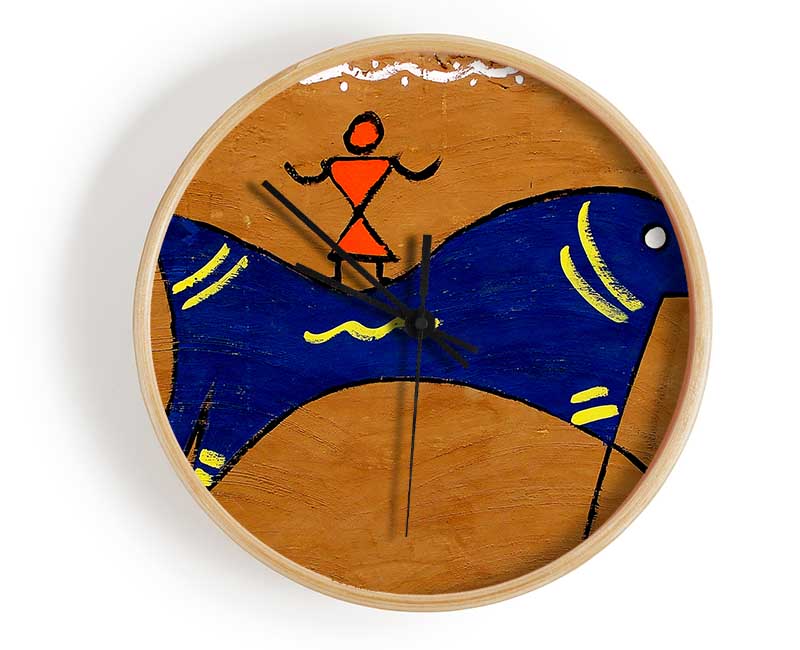 A stylish round clock made from natural bamboo, featuring a unique Aborigional Animal Of Peace design, available in black, white, and natural frame colors.