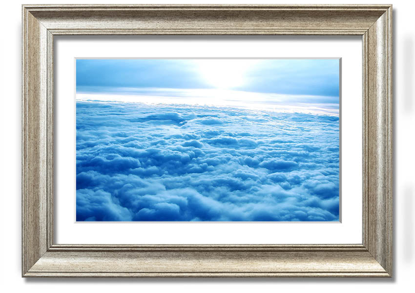 Above The Clouds framed print with multiple frame color options, showcasing serene cloud imagery.