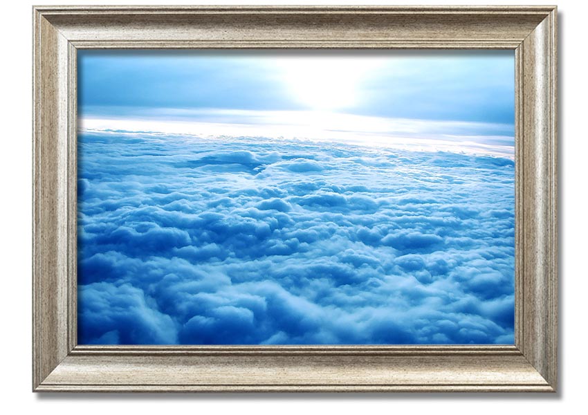 Above The Clouds framed print with multiple frame color options, showcasing serene cloud imagery.