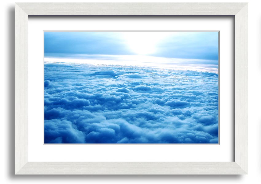 Above The Clouds framed print with multiple frame color options, showcasing serene cloud imagery.