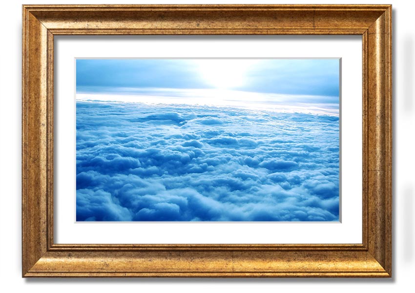 Above The Clouds framed print with multiple frame color options, showcasing serene cloud imagery.