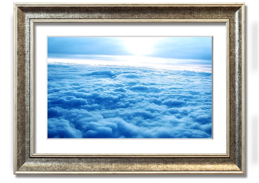 Above The Clouds framed print with multiple frame color options, showcasing serene cloud imagery.