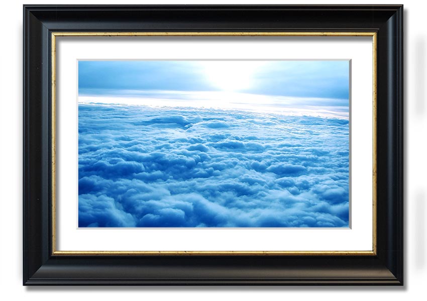 Above The Clouds framed print with multiple frame color options, showcasing serene cloud imagery.