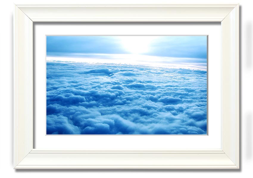 Above The Clouds framed print with multiple frame color options, showcasing serene cloud imagery.