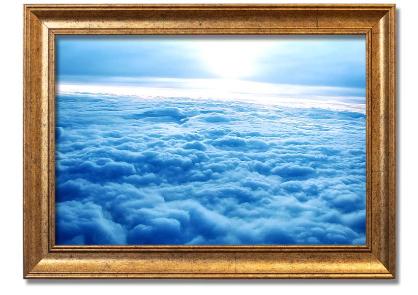 Above The Clouds framed print with multiple frame color options, showcasing serene cloud imagery.