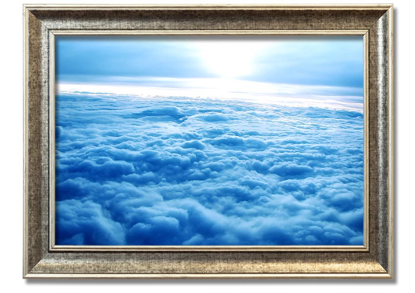 Above The Clouds framed print with multiple frame color options, showcasing serene cloud imagery.