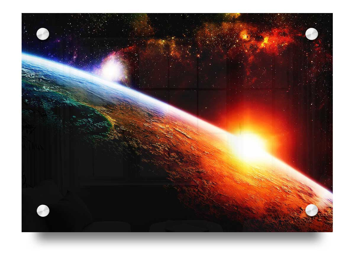 Above The Earth Universe Canvas print on 5mm thick acrylic glass, showcasing vibrant cosmic colors and ready to hang.