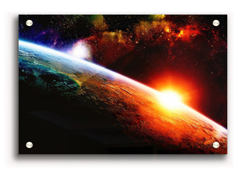 Above The Earth Universe Canvas print on 5mm thick acrylic glass, showcasing vibrant cosmic colors and ready to hang.