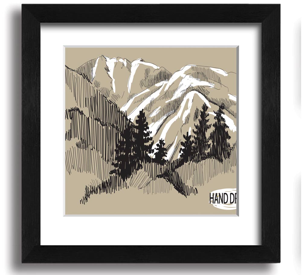 Above The Snowy Cliffs framed print showcasing a serene snowy landscape, elegantly framed in a square design.