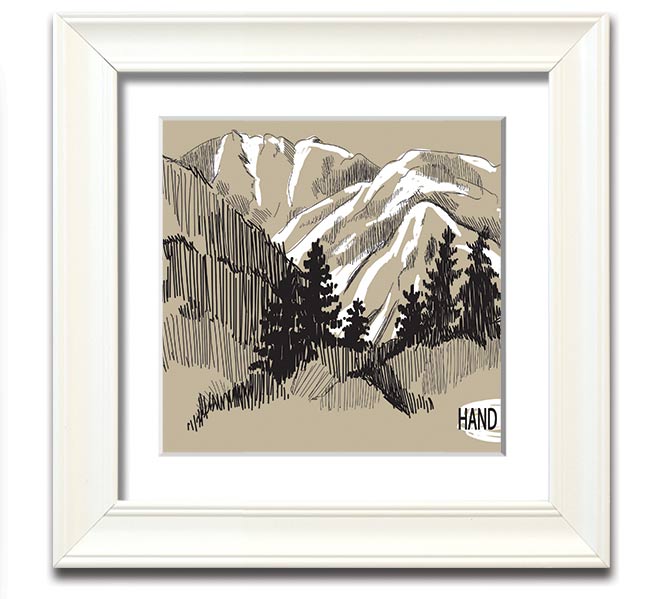 Above The Snowy Cliffs framed print showcasing a serene snowy landscape, elegantly framed in a square design.