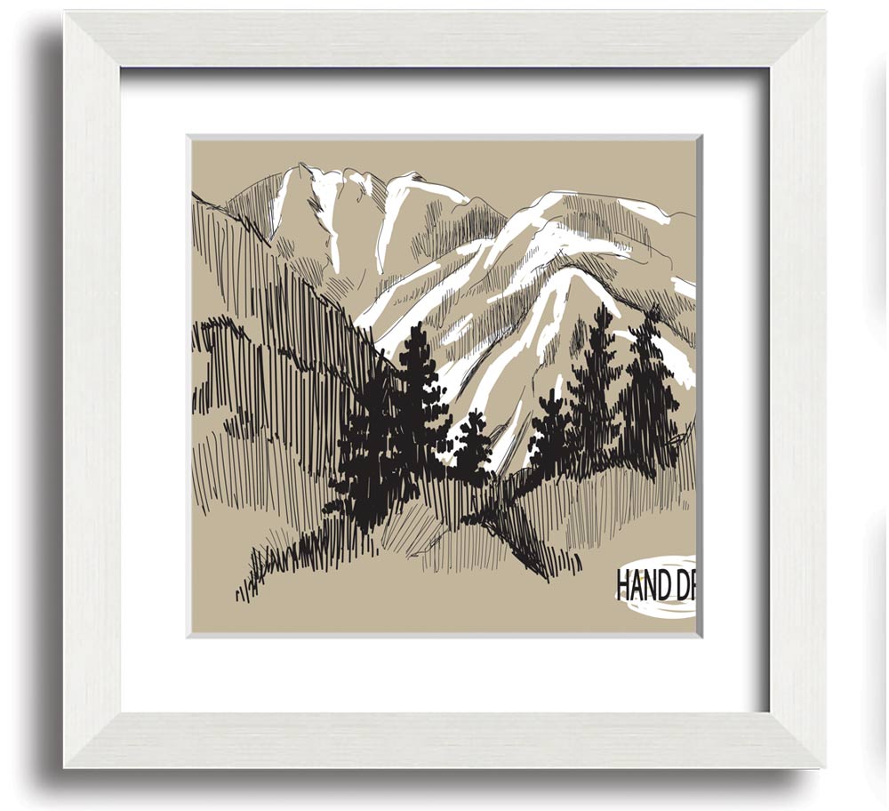 Above The Snowy Cliffs framed print showcasing a serene snowy landscape, elegantly framed in a square design.