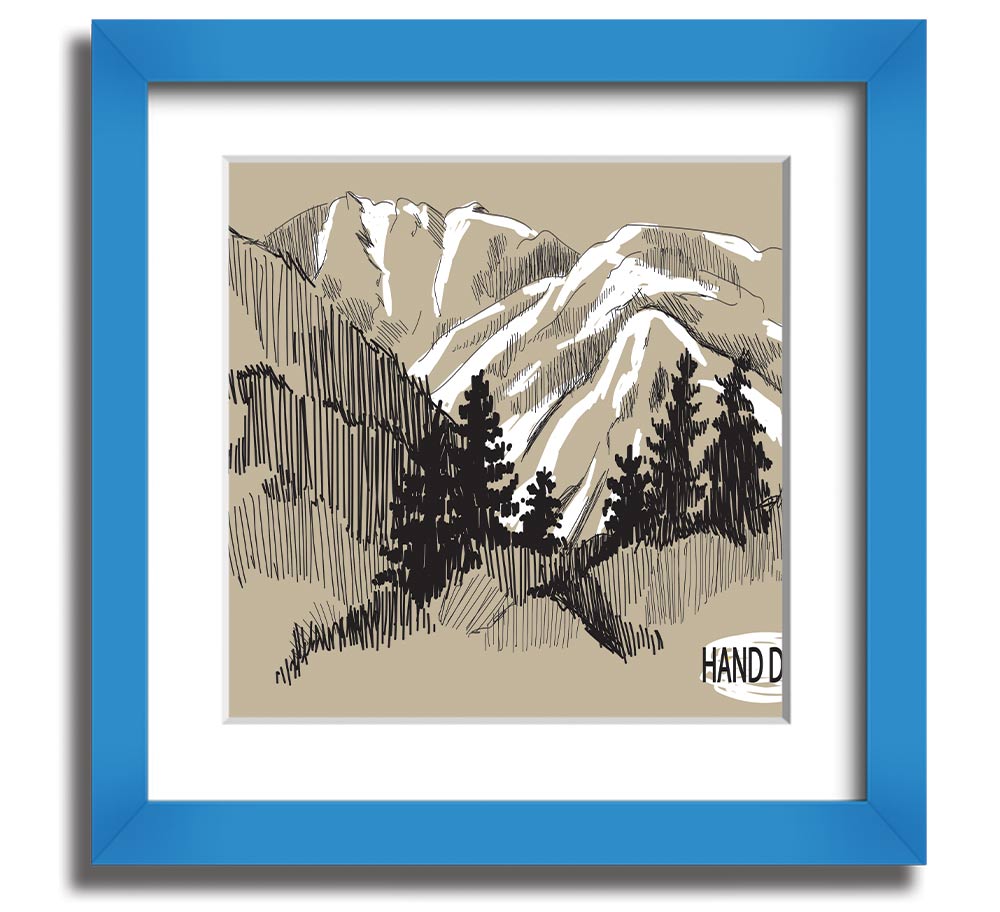 Above The Snowy Cliffs framed print showcasing a serene snowy landscape, elegantly framed in a square design.