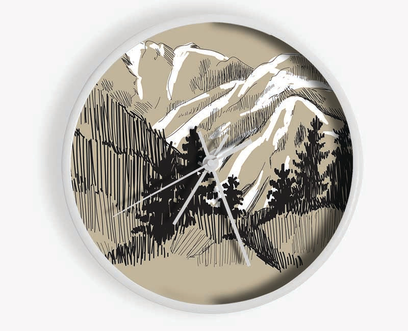 Above The Snowy Cliffs clock made from natural bamboo with a round face, available in black, white, and natural frame colors.