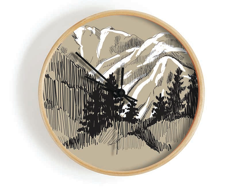 Above The Snowy Cliffs clock made from natural bamboo with a round face, available in black, white, and natural frame colors.