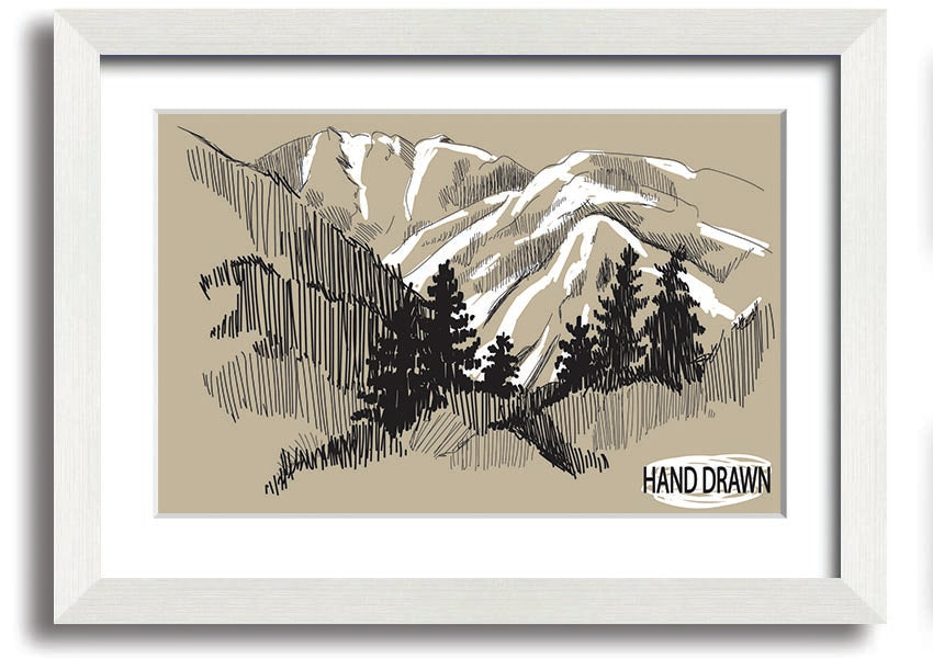 Framed print of snowy cliffs, handmade in the UK, showcasing serene winter landscape.