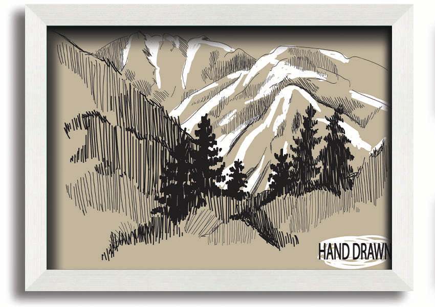 Framed print of snowy cliffs, handmade in the UK, showcasing serene winter landscape.