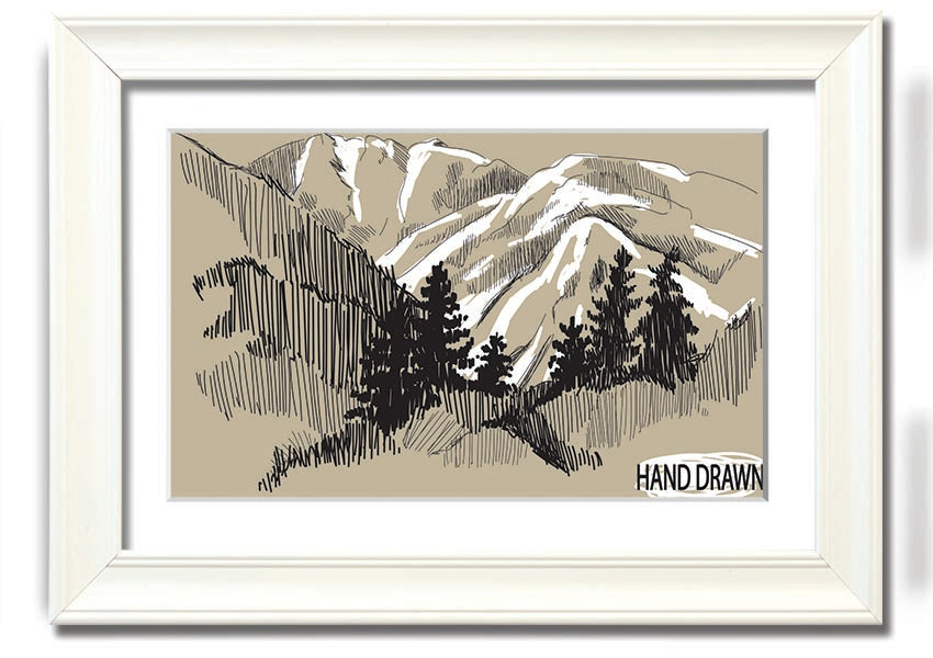 Framed print of snowy cliffs, handmade in the UK, showcasing serene winter landscape.