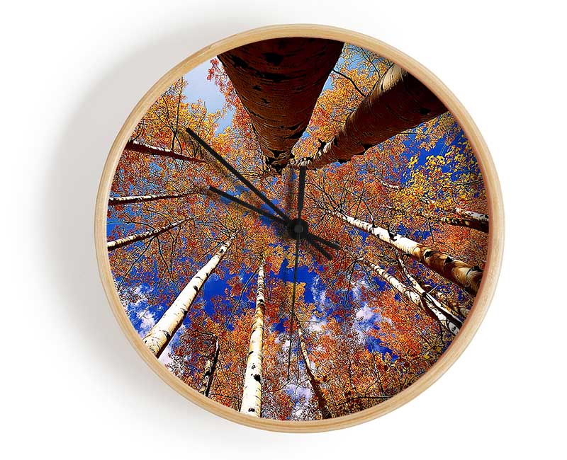 Above The Trees clock made from natural bamboo with a round face and clear Plexiglas lens, available in black, white, and natural frame colors.