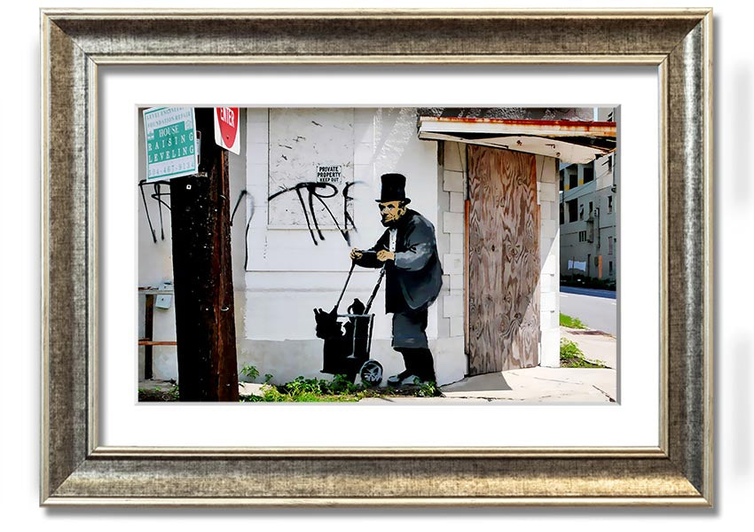 Framed print of Abraham Lincoln Trolley Tramp, showcasing vibrant colors and intricate details, ready to hang.