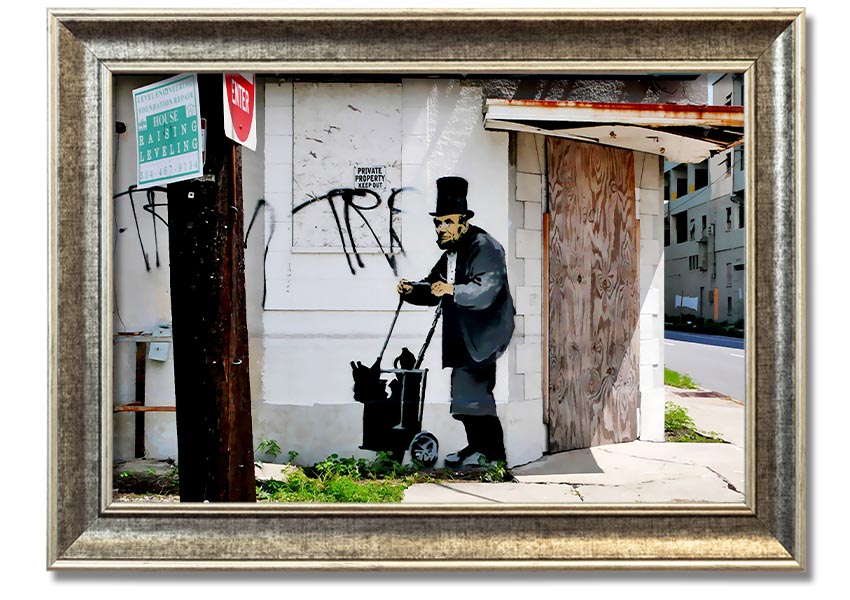 Framed print of Abraham Lincoln Trolley Tramp, showcasing vibrant colors and intricate details, ready to hang.