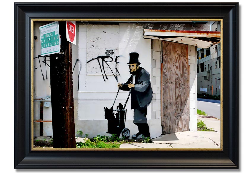 Framed print of Abraham Lincoln Trolley Tramp, showcasing vibrant colors and intricate details, ready to hang.