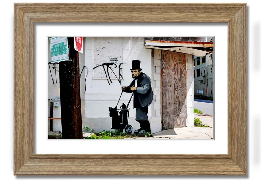 Framed print of Abraham Lincoln Trolley Tramp, showcasing vibrant colors and intricate details, ready to hang.