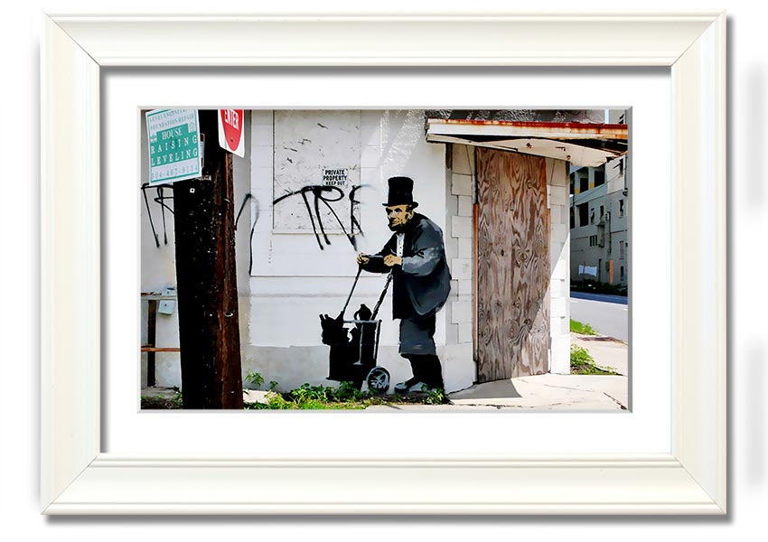 Framed print of Abraham Lincoln Trolley Tramp, showcasing vibrant colors and intricate details, ready to hang.