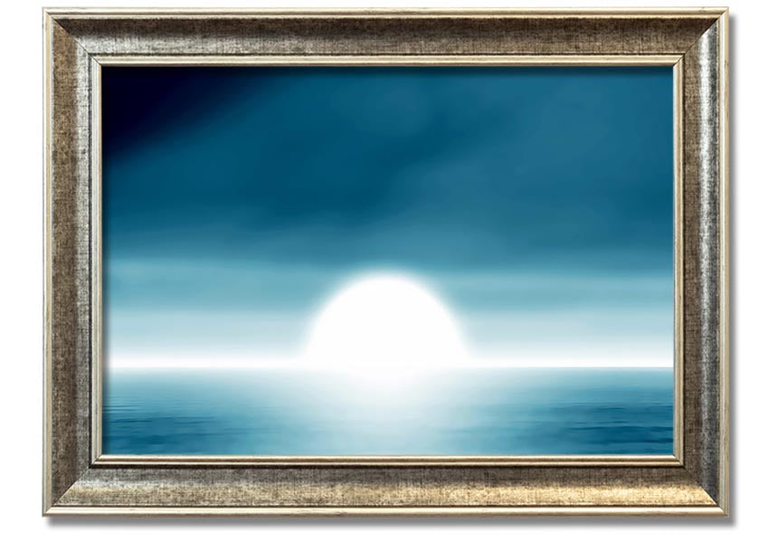 A beautifully framed Abstact Sun Blue print featuring an abstract sun design in vibrant blue tones, ready to hang.