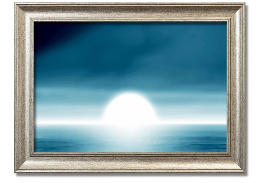 A beautifully framed Abstact Sun Blue print featuring an abstract sun design in vibrant blue tones, ready to hang.