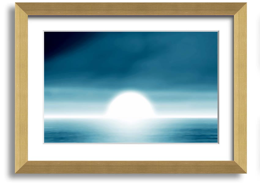 A beautifully framed Abstact Sun Blue print featuring an abstract sun design in vibrant blue tones, ready to hang.