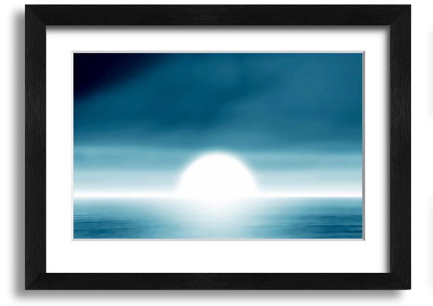 A beautifully framed Abstact Sun Blue print featuring an abstract sun design in vibrant blue tones, ready to hang.