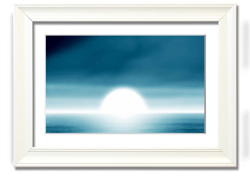 A beautifully framed Abstact Sun Blue print featuring an abstract sun design in vibrant blue tones, ready to hang.