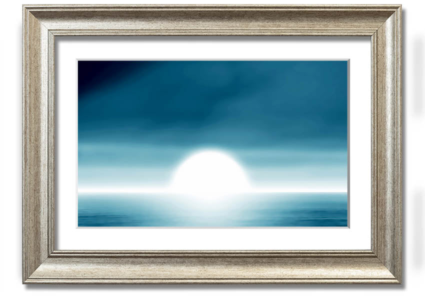 A beautifully framed Abstact Sun Blue print featuring an abstract sun design in vibrant blue tones, ready to hang.