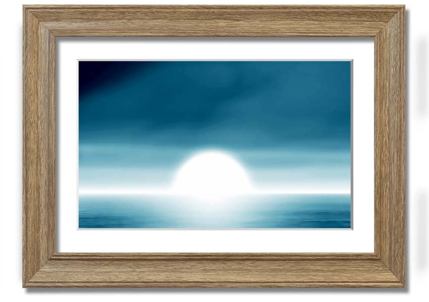 A beautifully framed Abstact Sun Blue print featuring an abstract sun design in vibrant blue tones, ready to hang.