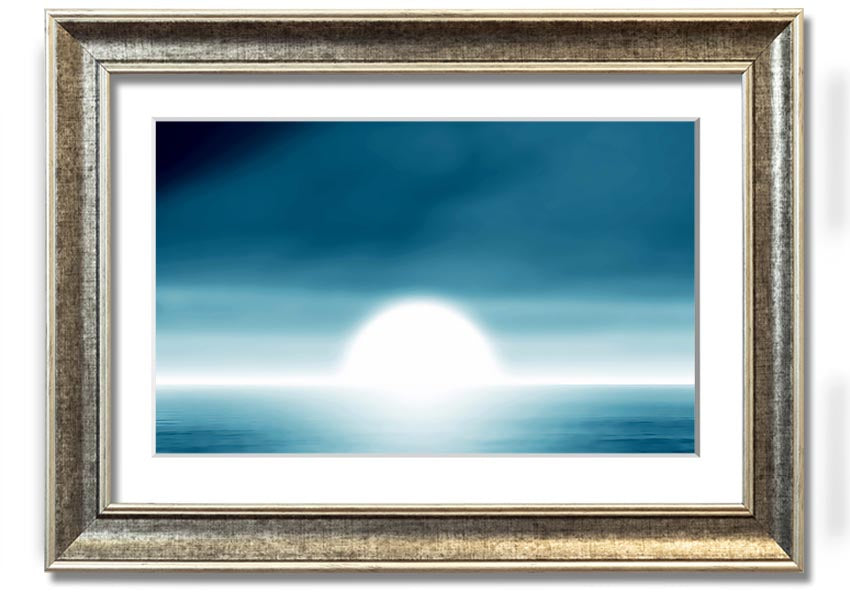 A beautifully framed Abstact Sun Blue print featuring an abstract sun design in vibrant blue tones, ready to hang.