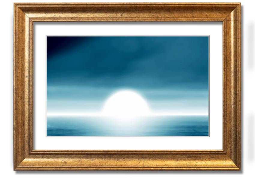 A beautifully framed Abstact Sun Blue print featuring an abstract sun design in vibrant blue tones, ready to hang.