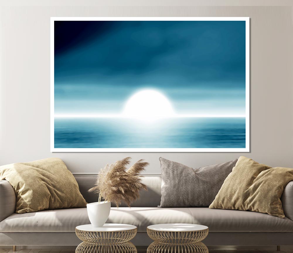 A vibrant abstract canvas poster featuring a blue sun design, perfect for home decor.